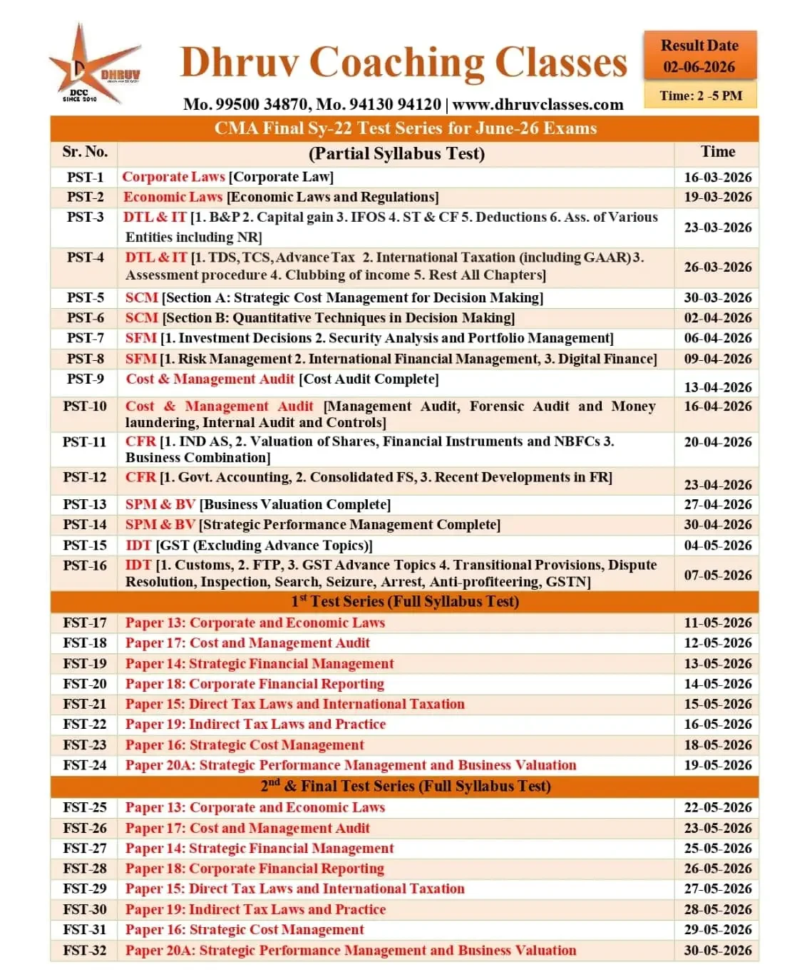 CMA Final Test Series Schedule
